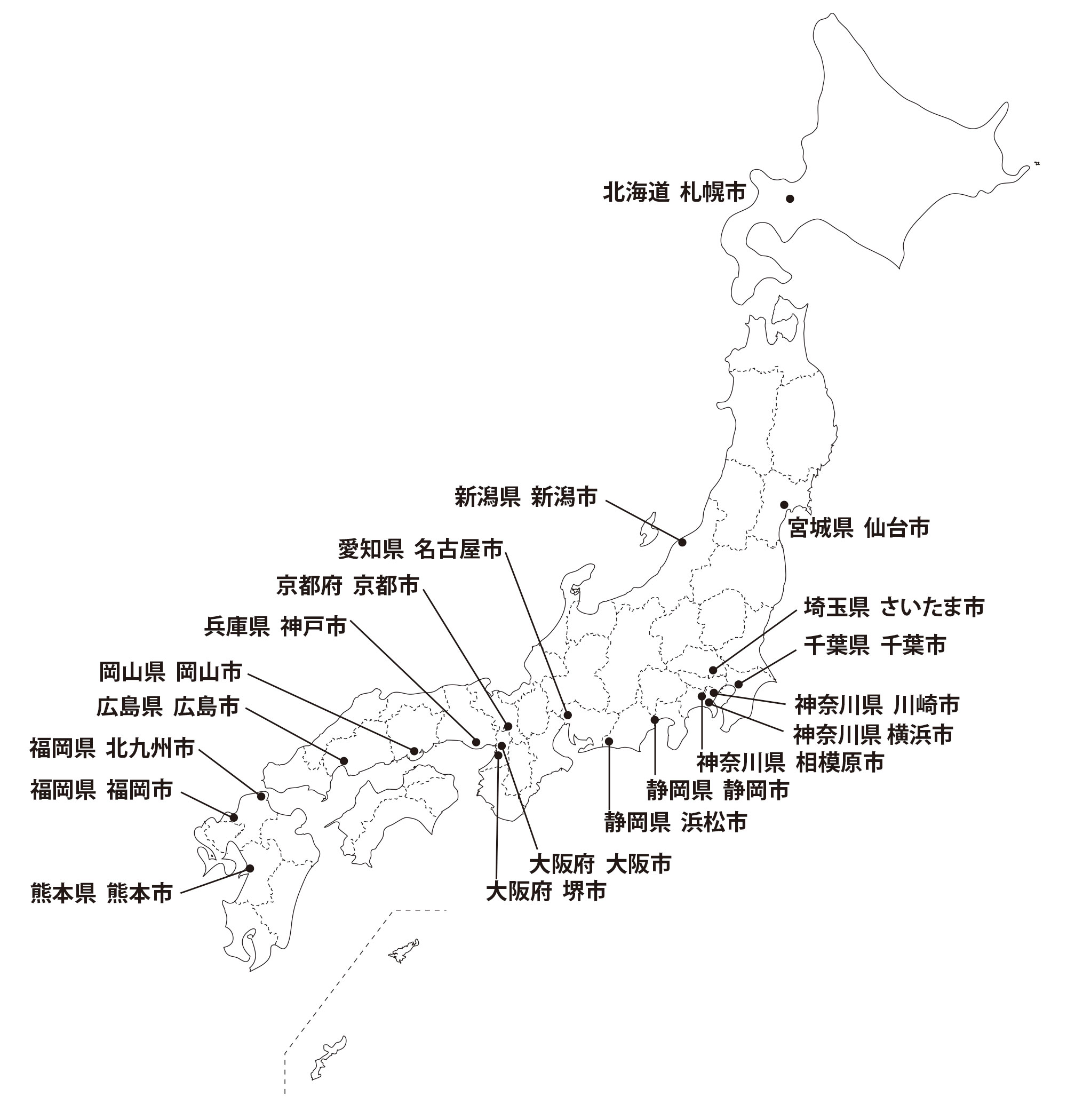 政令指定都市２０個一覧表と地図